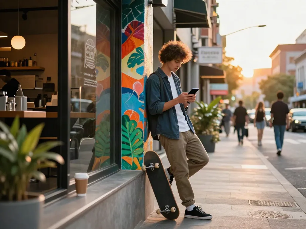Stylish young adult interacting with smartphone near colorful coffee shop, highlighting modern urban lifestyle at https://go889.de.com/.