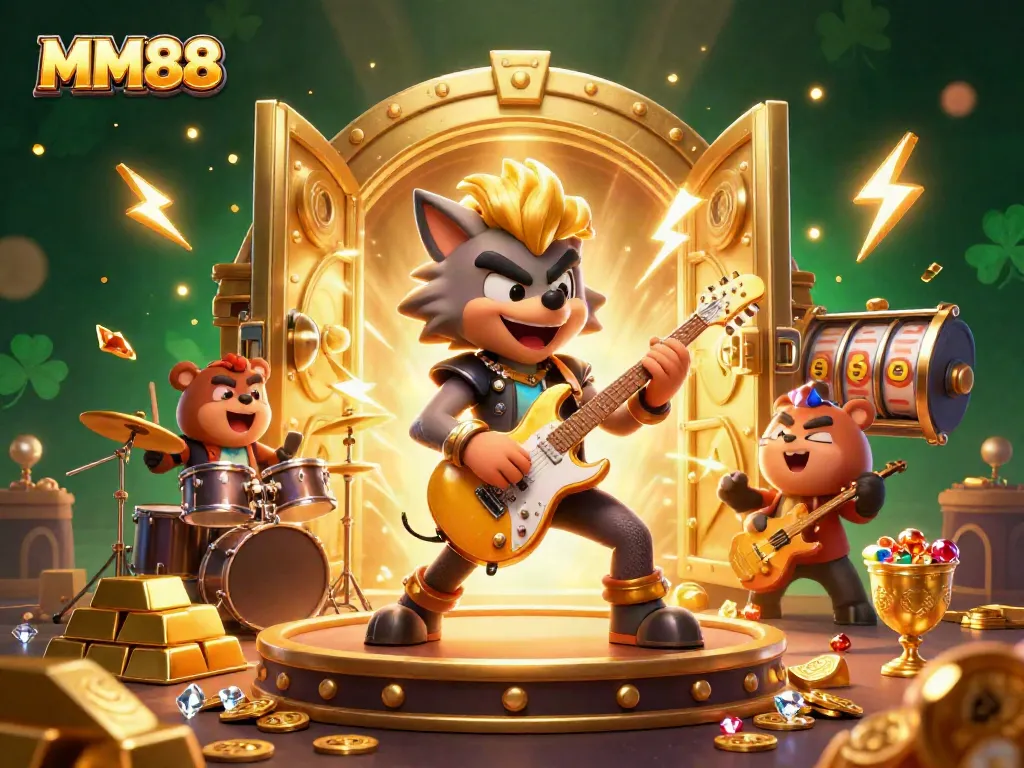 Experience the excitement of MM88 with a vibrant casino scene featuring a rock star wolf and a wild drummer bear.