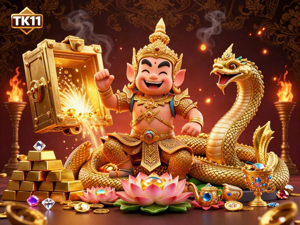 Engage with TK11 excitement, featuring a friendly Yaksha and Naga companions amid a treasure-filled casino scene.