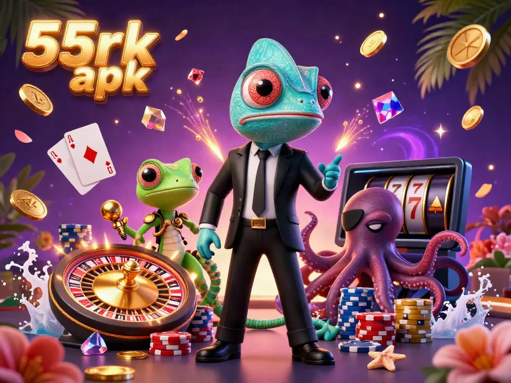 Spin with excitement in 55rk apk, featuring vibrant characters and dynamic casino elements.