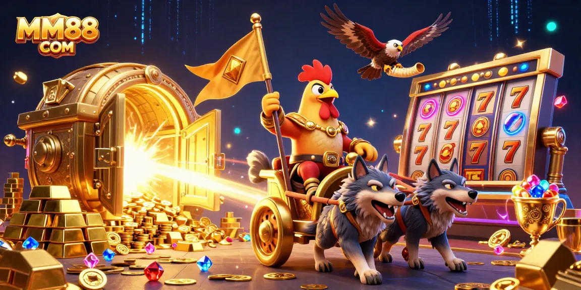 Engage with an exciting MM88 COM slots experience featuring a chaotic scene of a rooster warlord and treasure galore.