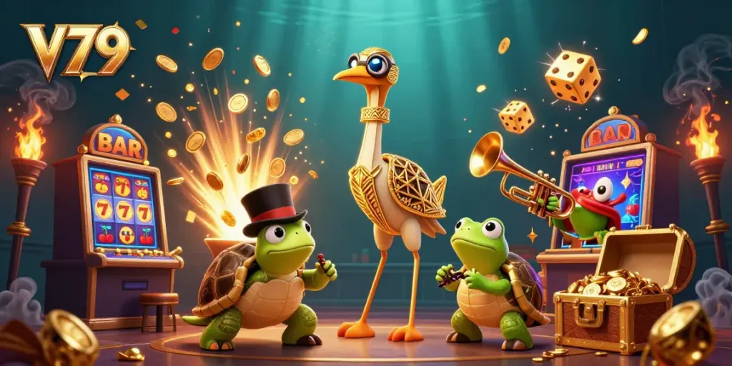 Join the fun with V79's exciting casino scene, featuring a vibrant 3D illustration of characters enjoying gaming entertainment.