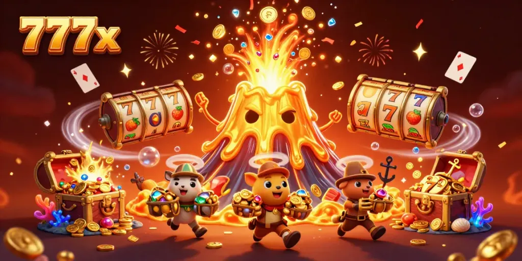 Experience thrilling wins at 777x with vibrant slots and treasures in a dazzling 3D scene.