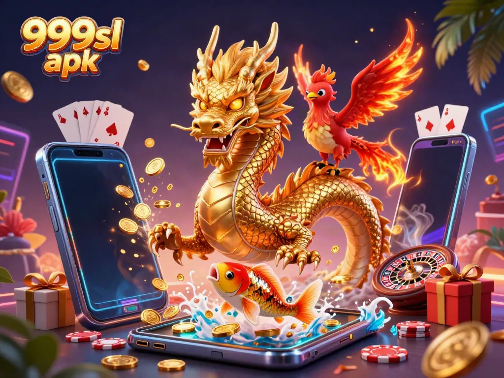 Unleash entertainment with 999sl apk featuring a dragon, phoenix, and koi fish among slot games and golden coins.