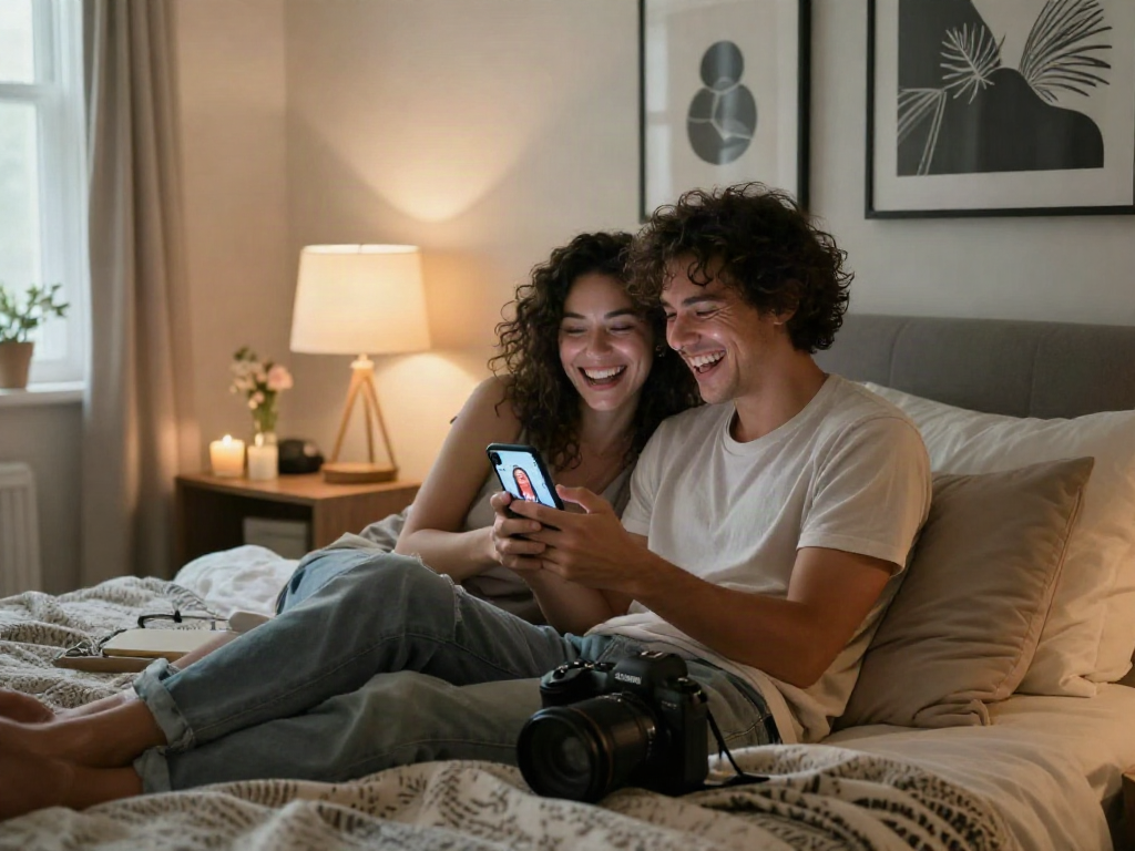 Couple exploring AI-generated art applications in a cozy bedroom, showcasing ai nsfw themes and style.