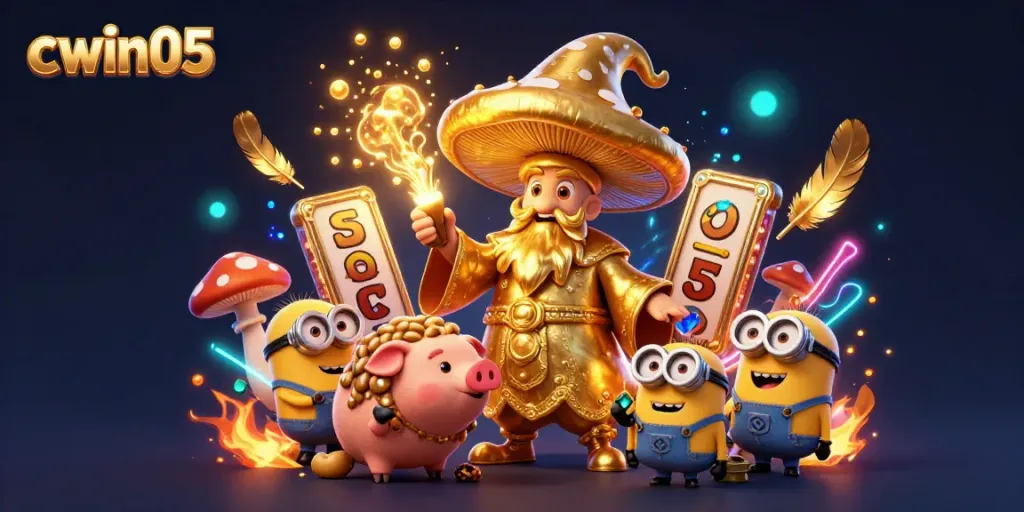 Experience thrilling gameplay with cwin05's magical slots and treasures in this captivating illustration.