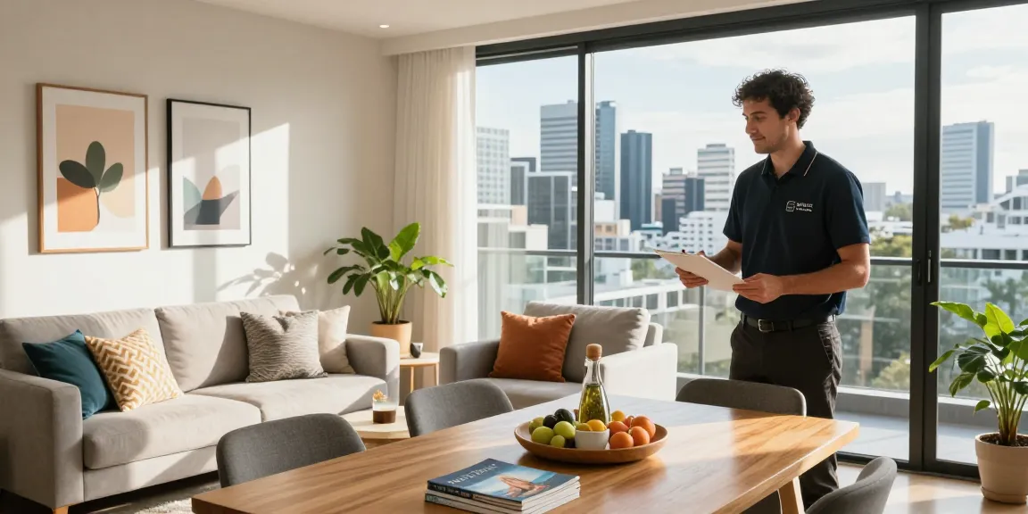 Airbnb management in Brisbane, stylish apartment host preparing for guests with refreshments and local guides.
