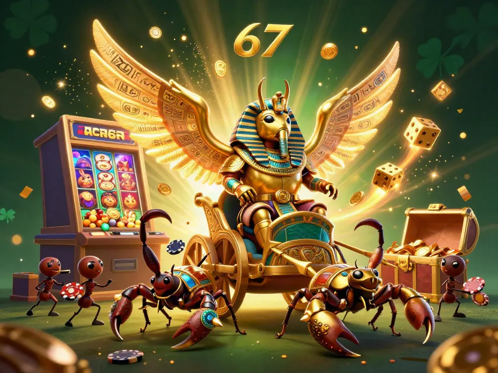 Experience thrilling adventures with ace67 in a vibrant casino scene featuring a golden scarab and dazzling slot machines.