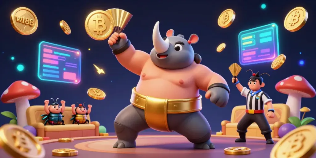 Witness the thrilling action at w188 with a beetle sumo champion stomping as golden coins fly, enhancing gameplay excitement.