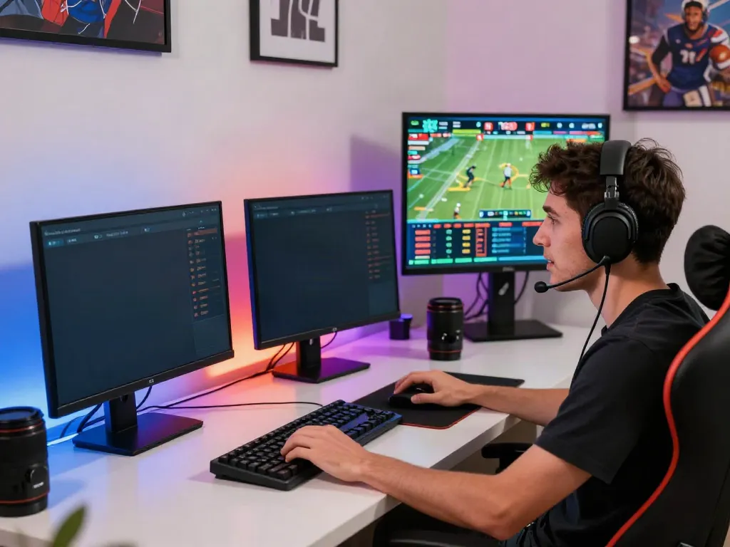 Engaged player using TX88 for live sports betting with focused expression and modern workspace.