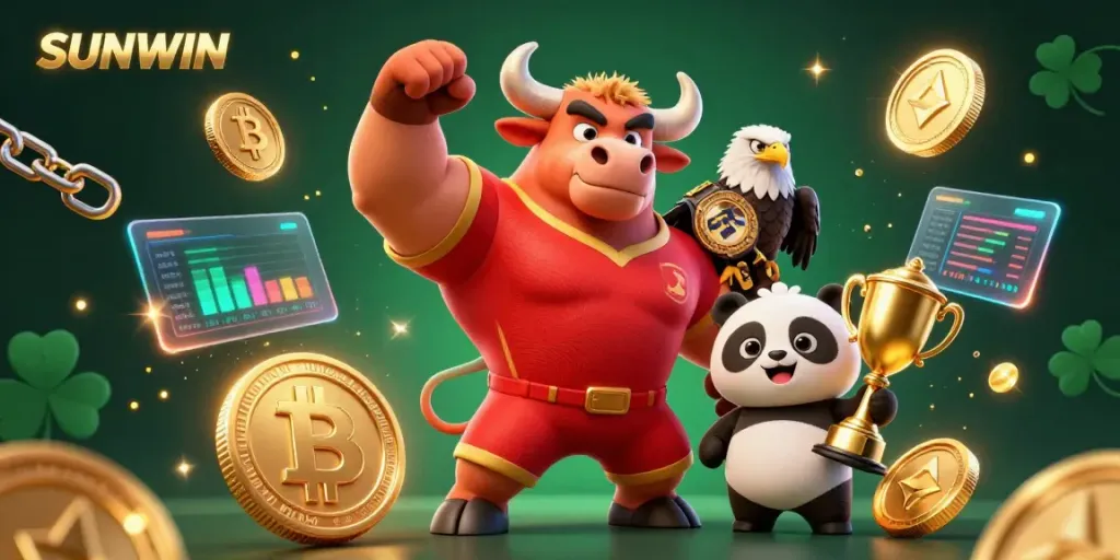 SUNWIN showcases a victorious bull mascot, crypto coins, and a trophy in a dynamic gambling scene.