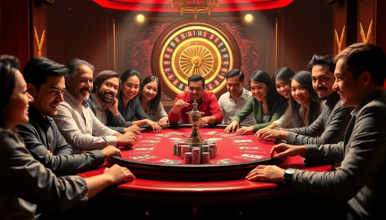 Experience the thrill of game bài đổi thưởng at an engaging casino table with diverse players enjoying poker.