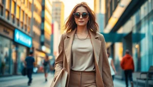 Stylishly dressed woman embodies Women Fashion while walking confidently on the city street with shopping bags.