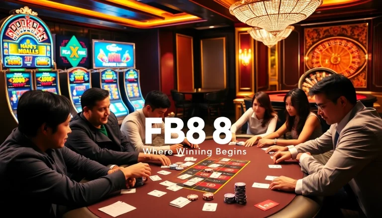 Experience the thrill of winning at Nhà Cái FB88's bustling poker tables, showcasing players focused on the game.