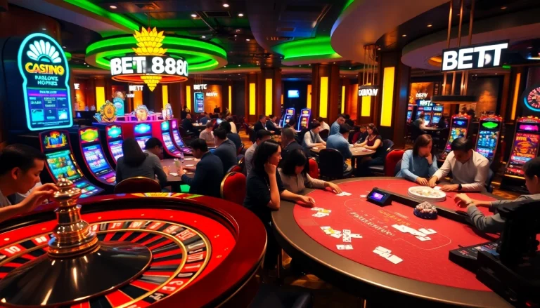 BET88 Casino players enjoying thrilling games at a vibrant roulette table, enhancing the excitement of online gaming.