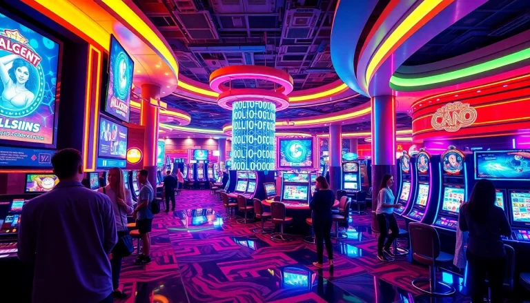 Immersive scene of New Technology in a futuristic casino with advanced gaming devices and vibrant energy.