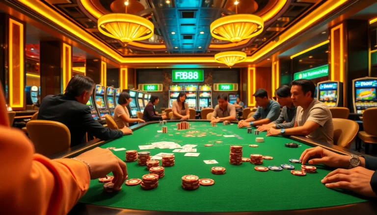 Experience the thrill of gambling as players engage at a high-stakes poker table at the casino, highlighting Nạp Tiền FB88 for seamless deposits.