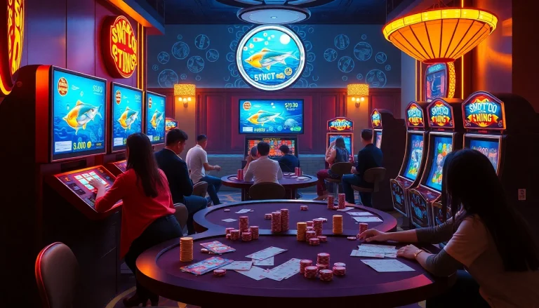 Exciting scene of bắn cá đổi thưởng players celebrating wins at a lively casino with neon lights.