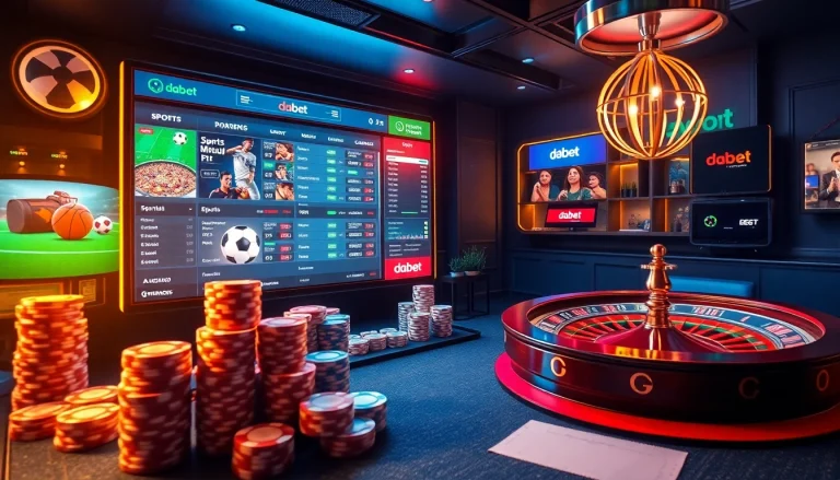 Dabet thể thao interactive betting experience featuring vibrant sports motifs, poker chips, and a dynamic online interface.