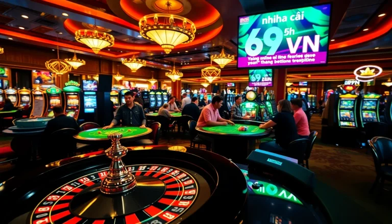 Experience the thrill at nhà cái 69VN, where players engage at exciting casino tables filled with poker chips and vibrant slot machines.