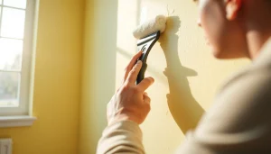 Person engaged in wall cleaning, showcasing vibrant, freshly painted walls and a modern cleaning tool.