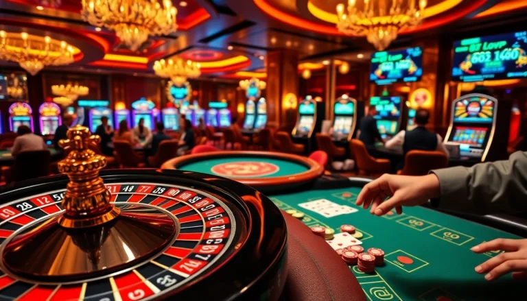 Experience thabet đăng nhập with a vibrant casino scene illustrating players engaged at roulette and blackjack tables.
