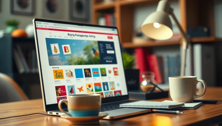 Explore buying postage stamps online through a user-friendly interface on a laptop.
