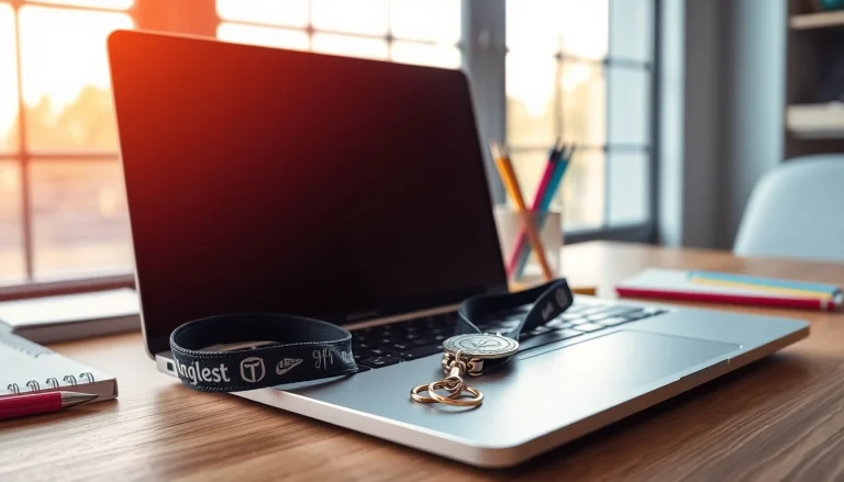 Stylish lanyard keychain elegantly placed on a modern laptop, showcasing intricate designs.