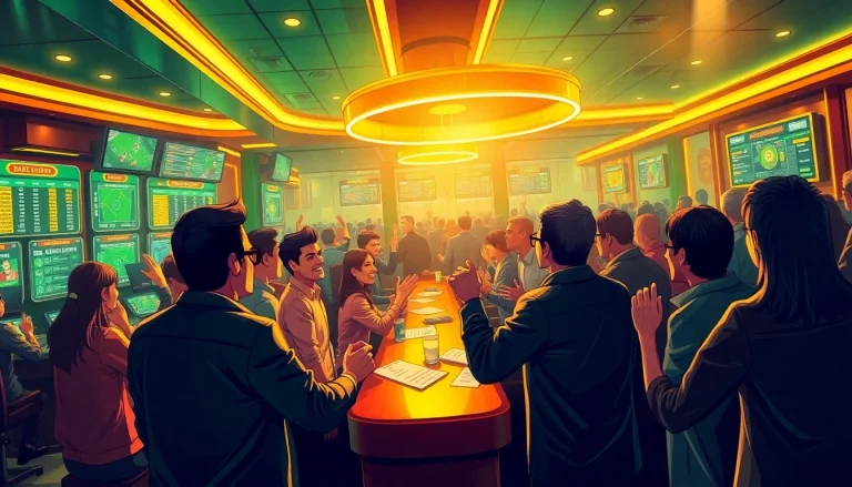 Excited people celebrating a great job win at a modern sports betting scene.