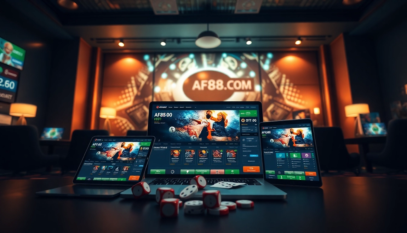 Experience the engaging interface of af88.com with modern gaming devices in a vibrant environment.