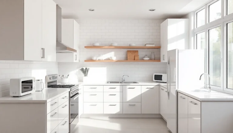 Showcasing бяла техника like stylish dishwashers, washing machines, and ovens in a modern kitchen setup.