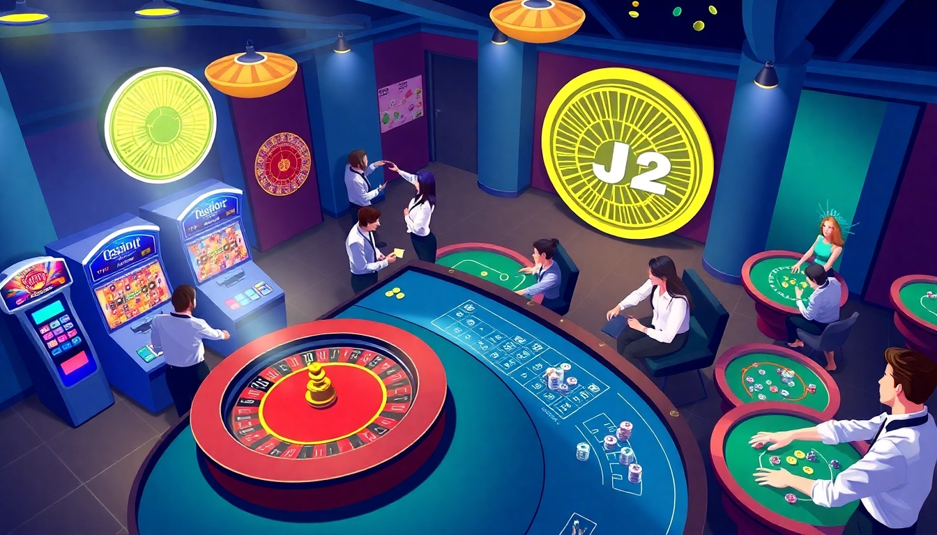 A lively gambling scene showcasing poker tables and roulette wheels at KJC AC 2, highlighting the thrill of online gaming.