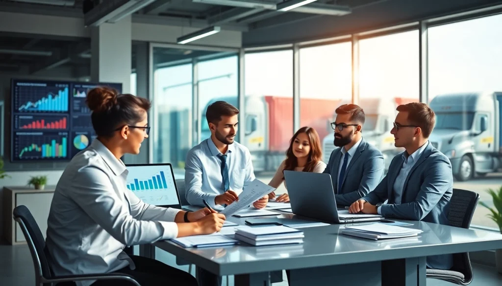 Księgowość dla firmy transportowej w profesjonalnym biurze księgowym z zespołem analizującym dane finansowe.