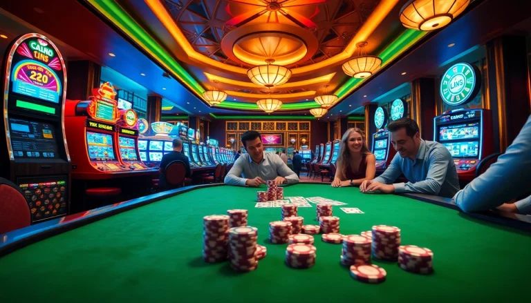 Experience the thrill of gambling at https://rikvip.college/ with vibrant casino visuals showcasing poker tables and slot machines.