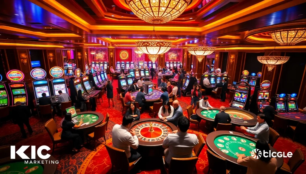 Experience thrilling gameplay at KJC MARKETING's luxury casino with vibrant tables and excited players.