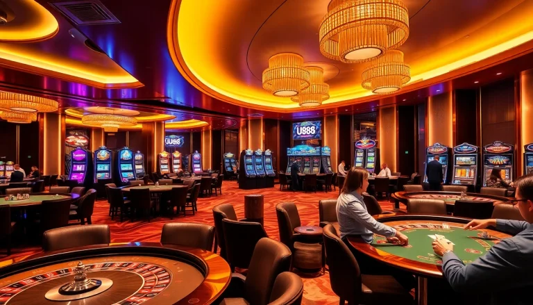 Experience thrilling gameplay with UU88 in a luxurious casino setting featuring vibrant slot machines.
