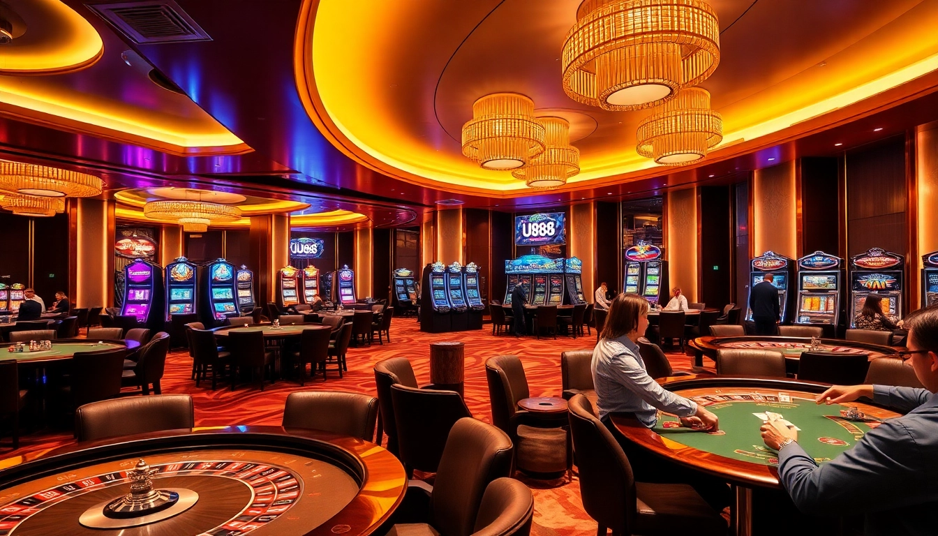 Experience thrilling gameplay with UU88 in a luxurious casino setting featuring vibrant slot machines.