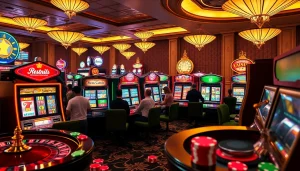 Experience the excitement of Slot Online Terpercaya with vibrant slot machines and engaged players.