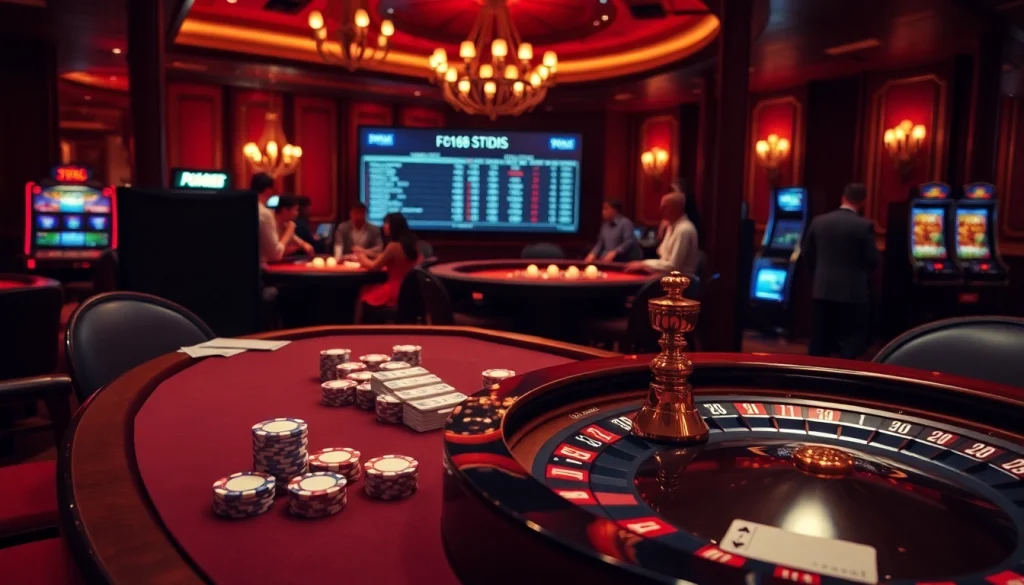 Experience the excitement of gaming at https://f168.studio/ with a vibrant casino scene of poker and roulette.