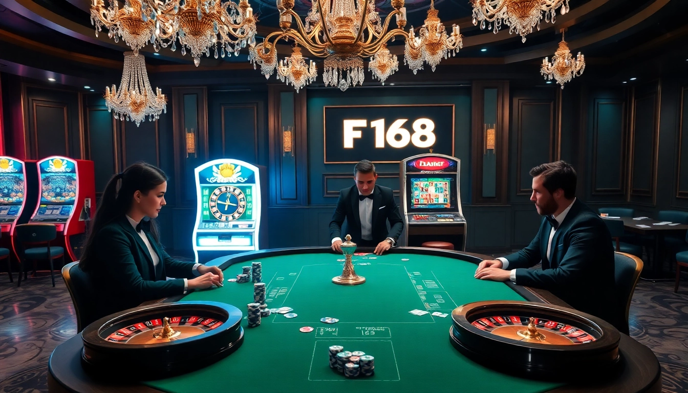 Experience a thrilling game at F 168's luxurious casino with high-stakes poker and glowing slot machines.