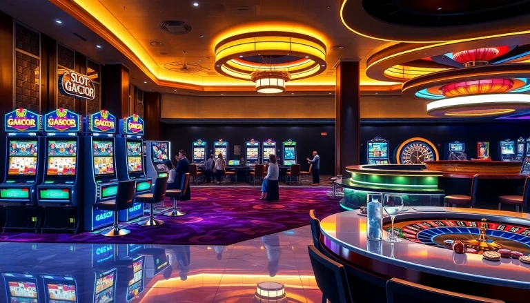 Slot Gacor machines light up a glamorous casino, captivating players in an exciting gaming atmosphere.