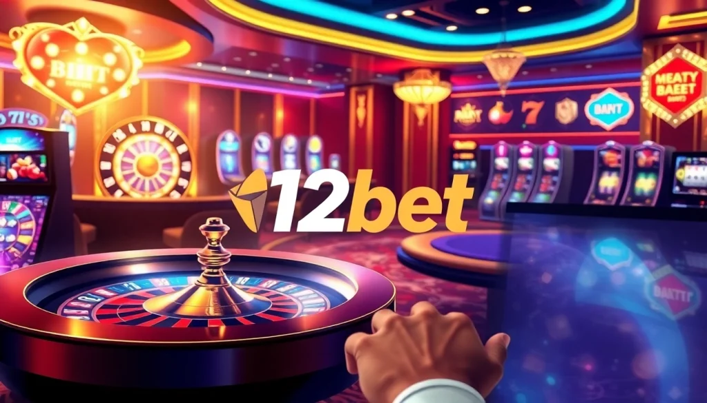 Experience thrilling gambling action with 12bet featuring roulette, poker, and vibrant slot machines.