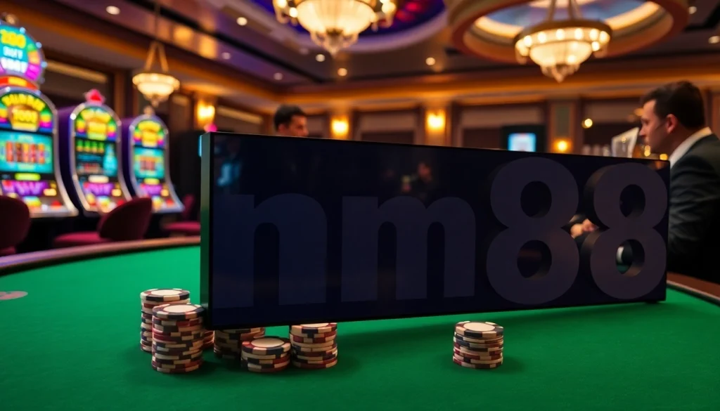 Experience thrilling gameplay with MM88's vibrant casino atmosphere showcasing poker, roulette, and slot machines.