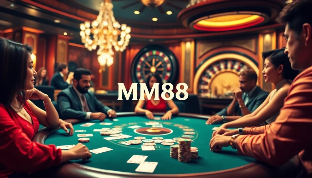 Players experience the thrill of poker at MM88, showcasing a luxurious casino atmosphere.