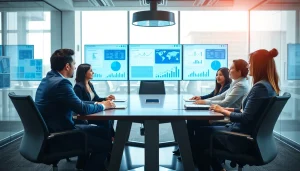 Business professionals discussing logo tiger enterprise solutions in a modern office setting.