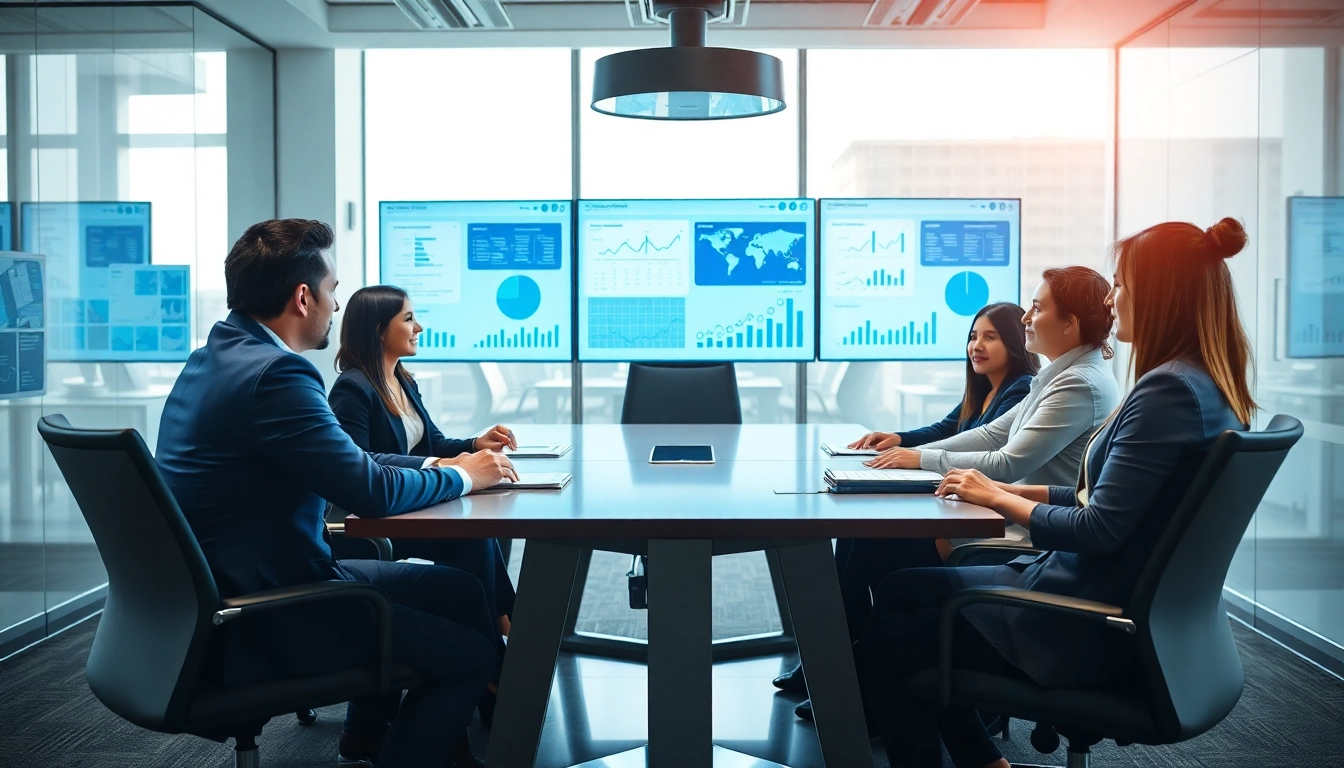 Business professionals discussing logo tiger enterprise solutions in a modern office setting.