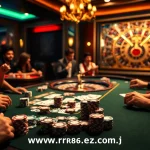 Experience thrilling poker action at https://rr88ez.com/ with players, chips, and a roulette wheel enhancing the atmosphere.