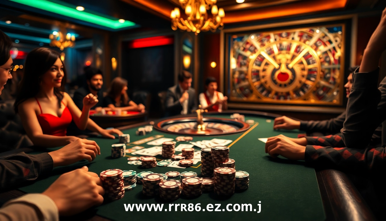 Experience thrilling poker action at https://rr88ez.com/ with players, chips, and a roulette wheel enhancing the atmosphere.