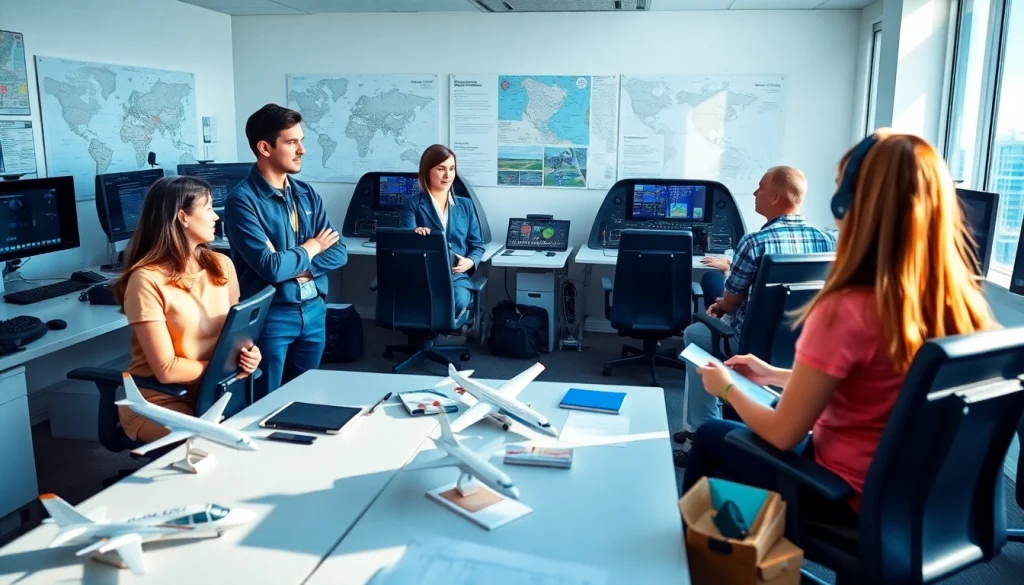 FLY88 flight training setup featuring experienced instructors with students in a modern classroom.