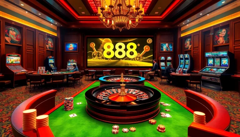 BJ 888 casino players engaging with roulette and slot machines in a luxurious gaming environment.